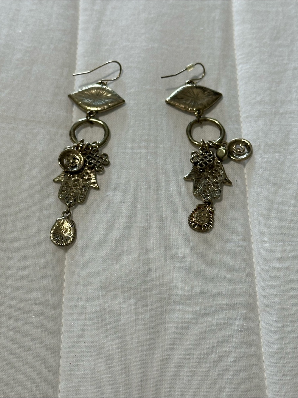 Gold-Tone Hamsa Drop Earrings with Purple Accents - Picture 4 of 4